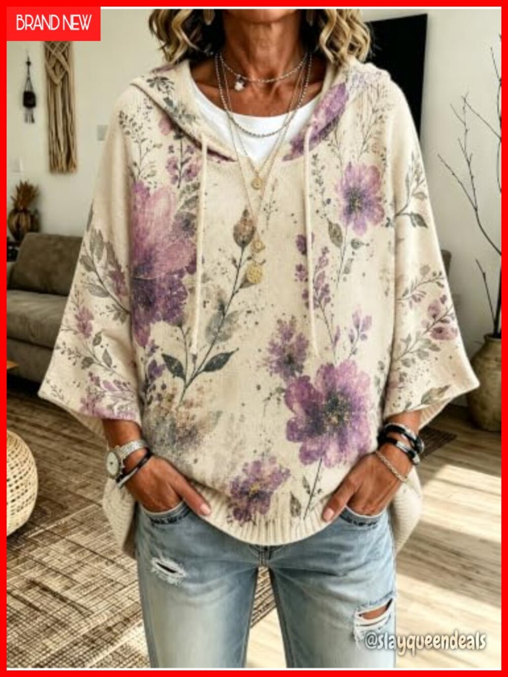 Women's Floral Hoodie 3/4 Batwing Sleeve Oversized Knit Pullover Casual Top